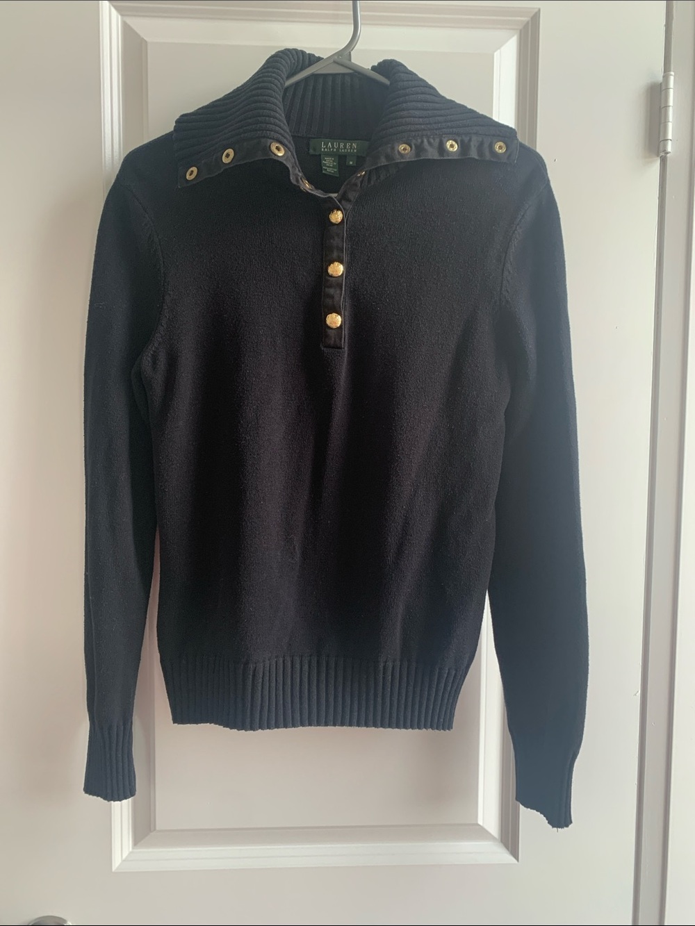 Lauren Ralph Lauren Black Snap-Front Ribbed Collar Pullover